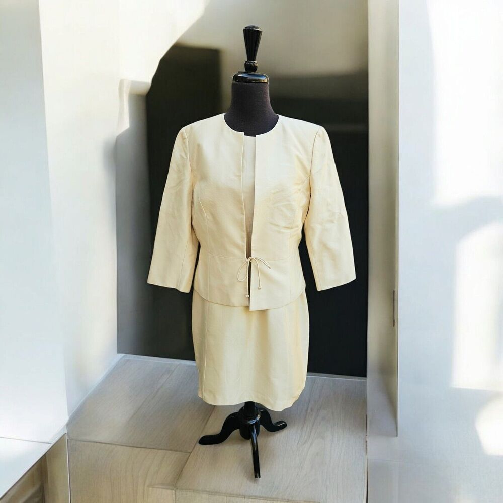 Ladies Laura Ashley Cream Yellow Silk Dress & Jacket Occasion Suit READ SIZE!!